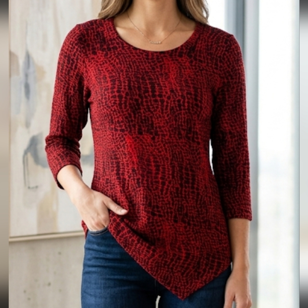 Lightweight Sweater Red w/Black Pattern 3/4 Sleeve Women's Dark Academia